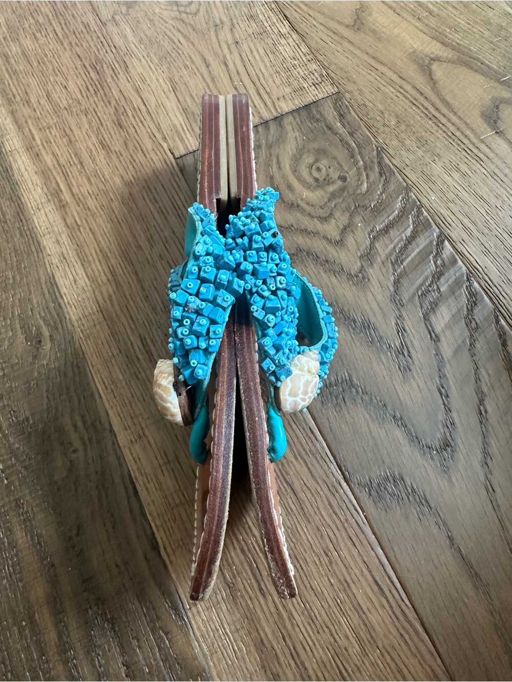 Skemo Beaded Shell Leather Thong Coastal Sandals Turquoise Boho Women’s Size 8 - Picture 2 of 4